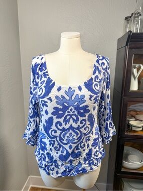 INC International Concepts Blue White Damask Print Peasant Top Boho Size L